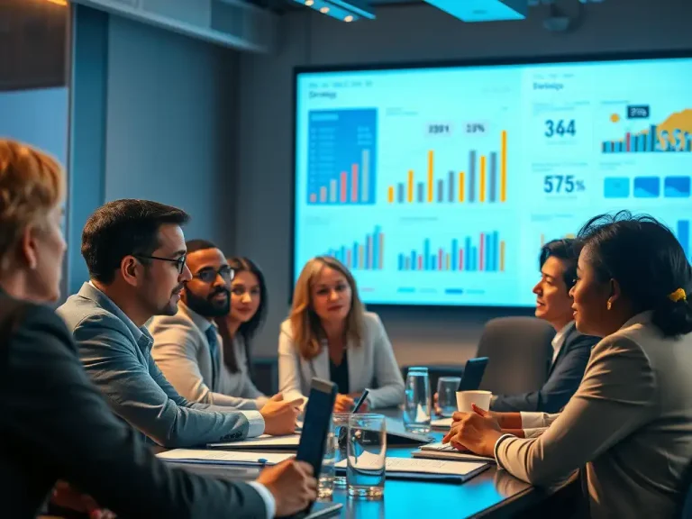 CFO leading a continuous improvement strategy review with finance leaders around a boardroom table and performance dashboards