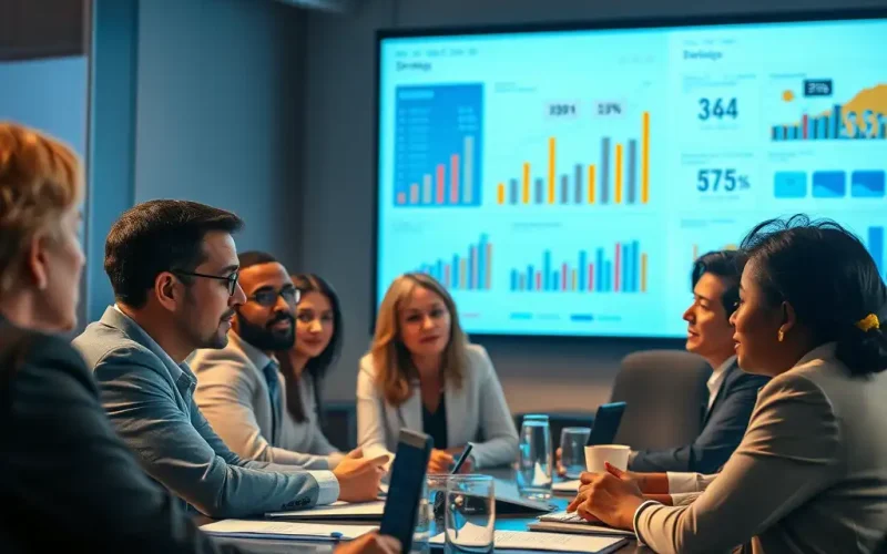 CFO leading a continuous improvement strategy review with finance leaders around a boardroom table and performance dashboards