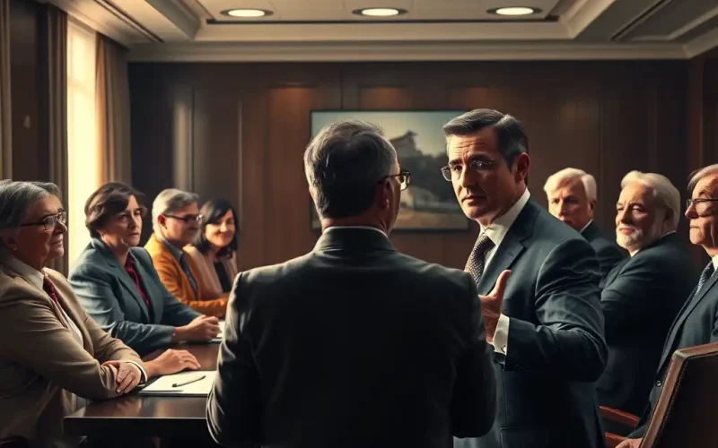 CFO presenting a strategic financial narrative to the board of directors in a wood-paneled boardroom meeting