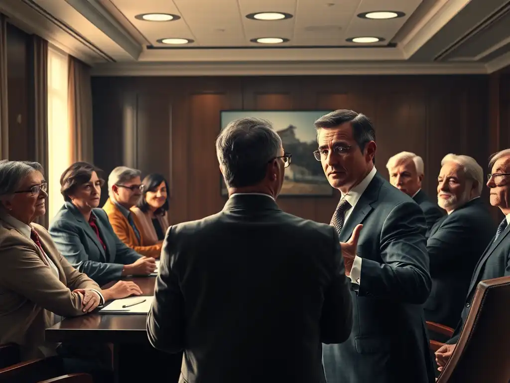 CFO presenting a strategic financial narrative to the board of directors in a wood-paneled boardroom meeting