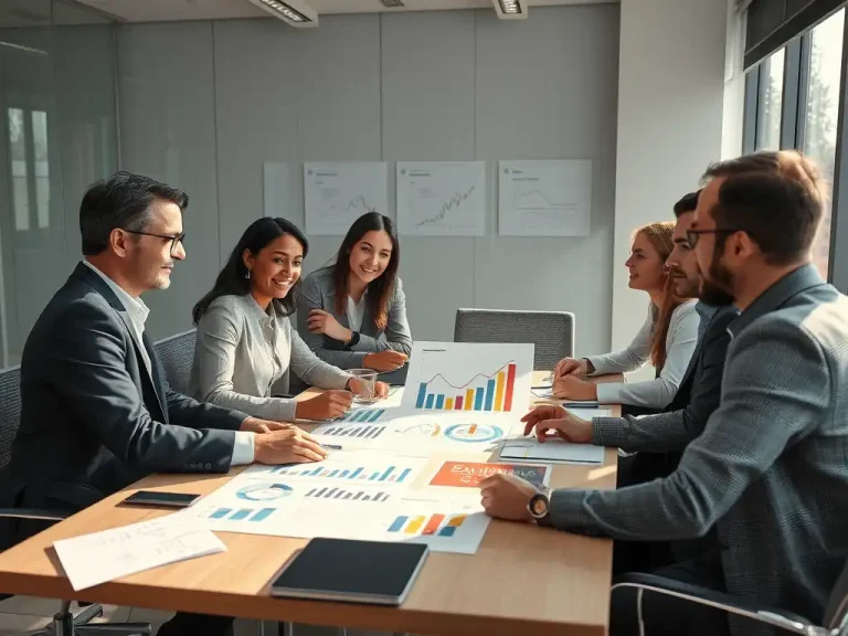Finance and leadership team reviewing cost efficiency charts and performance reports during a strategy meeting in a modern office