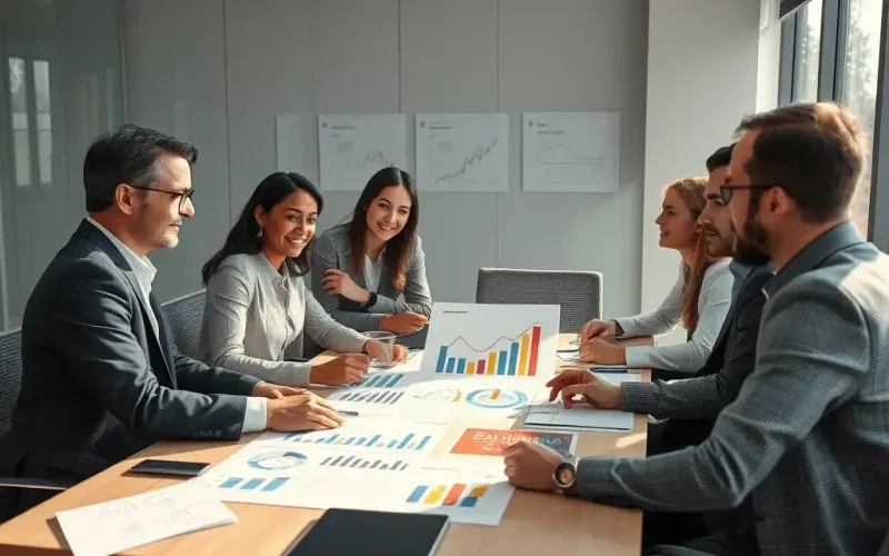 Finance and leadership team reviewing cost efficiency charts and performance reports during a strategy meeting in a modern office