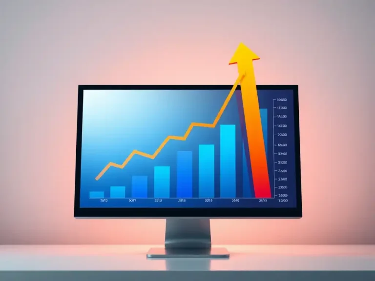 Rising bar chart and upward arrow on a monitor showing margin expansion and profit growth over time