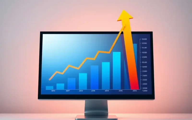 Rising bar chart and upward arrow on a monitor showing margin expansion and profit growth over time