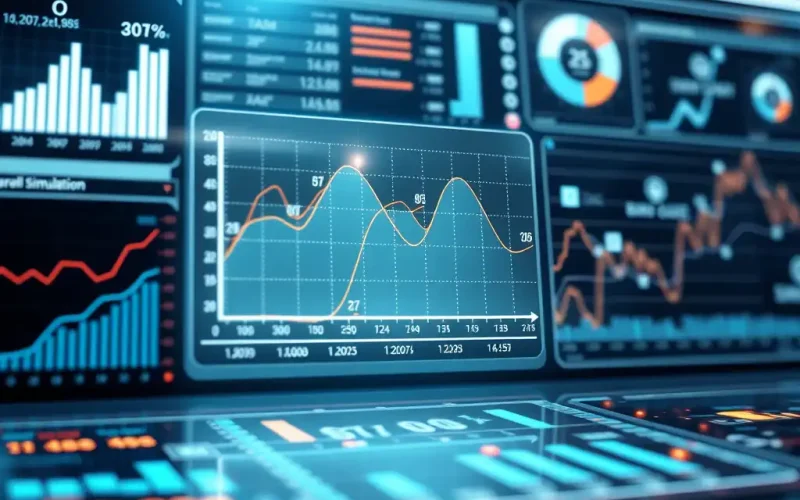 Monte Carlo simulation dashboard showing probability curves and financial charts for capital allocation decisions