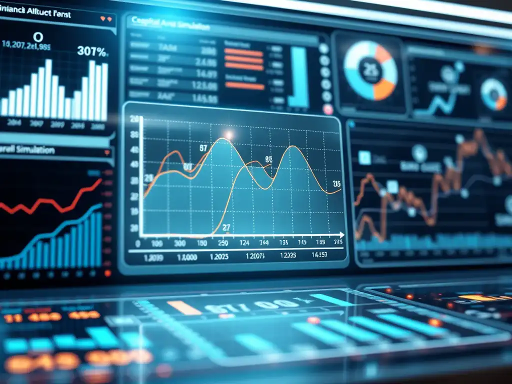 Monte Carlo simulation dashboard showing probability curves and financial charts for capital allocation decisions