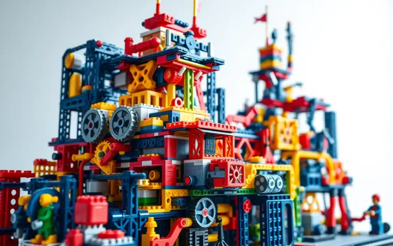 Colorful building-block machine with gears and moving parts showing business model innovation as a system