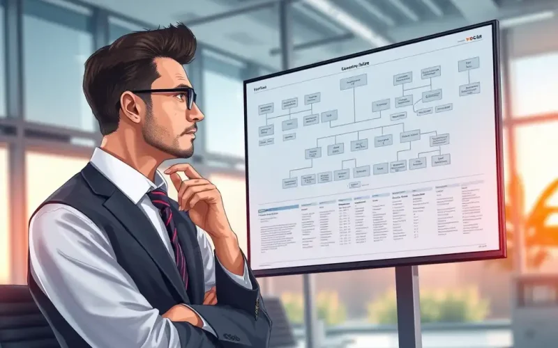 CFO reviewing a decision making tree on an office screen while planning executive scenario analysis