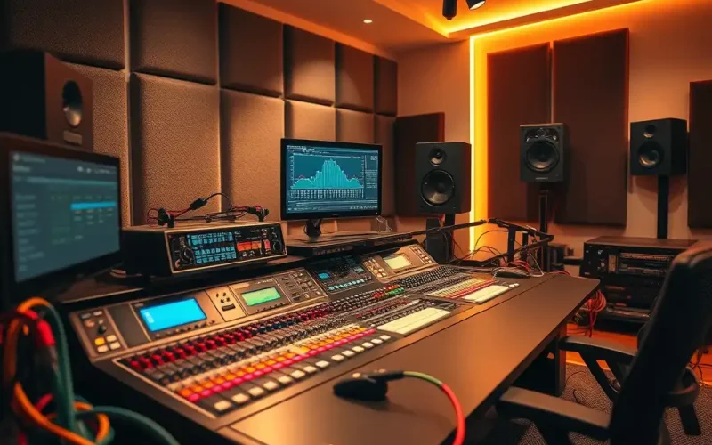 Professional recording studio with a mixing console, studio monitor speakers, acoustic foam panels, and audio analysis software on screen under warm ambient lighting.