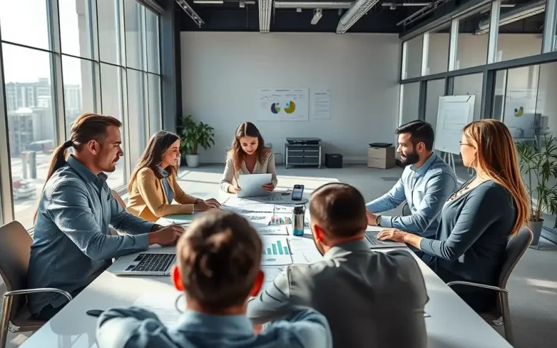 Finance team reviewing financial charts and reports together at a conference table during a collaborative month-end close review