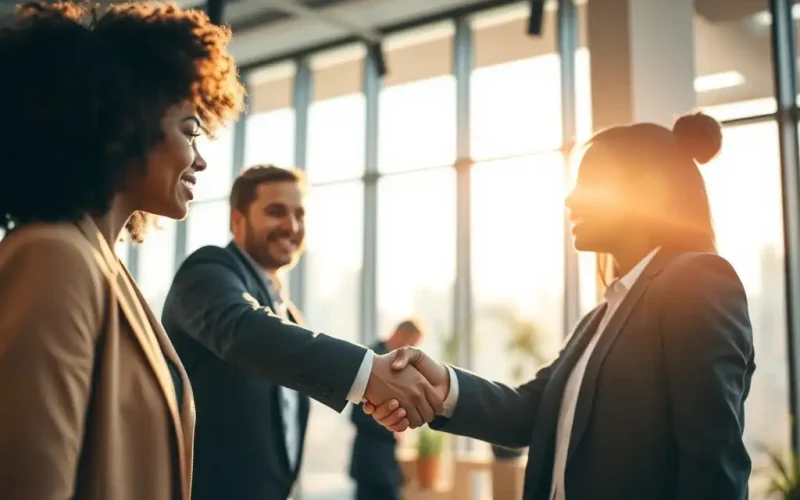 Business leaders shaking hands to form a strategic alliance, the partnership model behind CFO financial planning