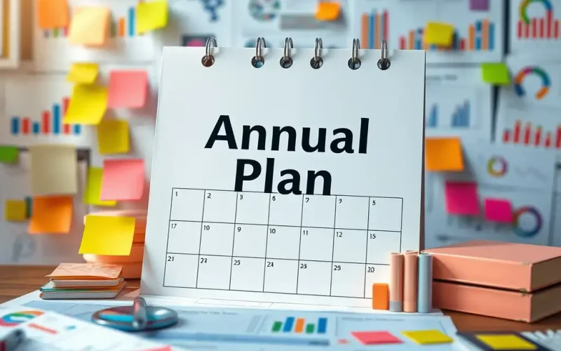 Annual plan desk calendar surrounded by sticky notes and financial charts for strategic annual planning