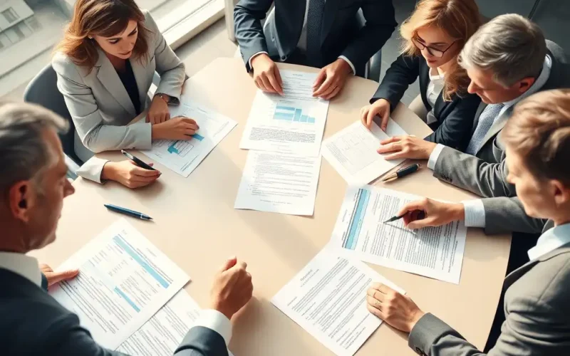 Finance executives and legal counsel reviewing M&A representations and warranties during contract negotiation