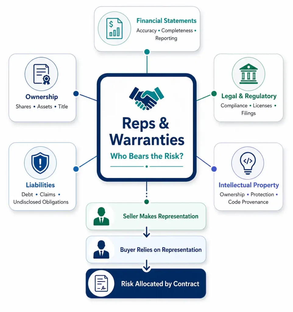 Diagram of reps and warranties in M&A covering financial statements, legal and regulatory, IP, ownership, and liability representations
