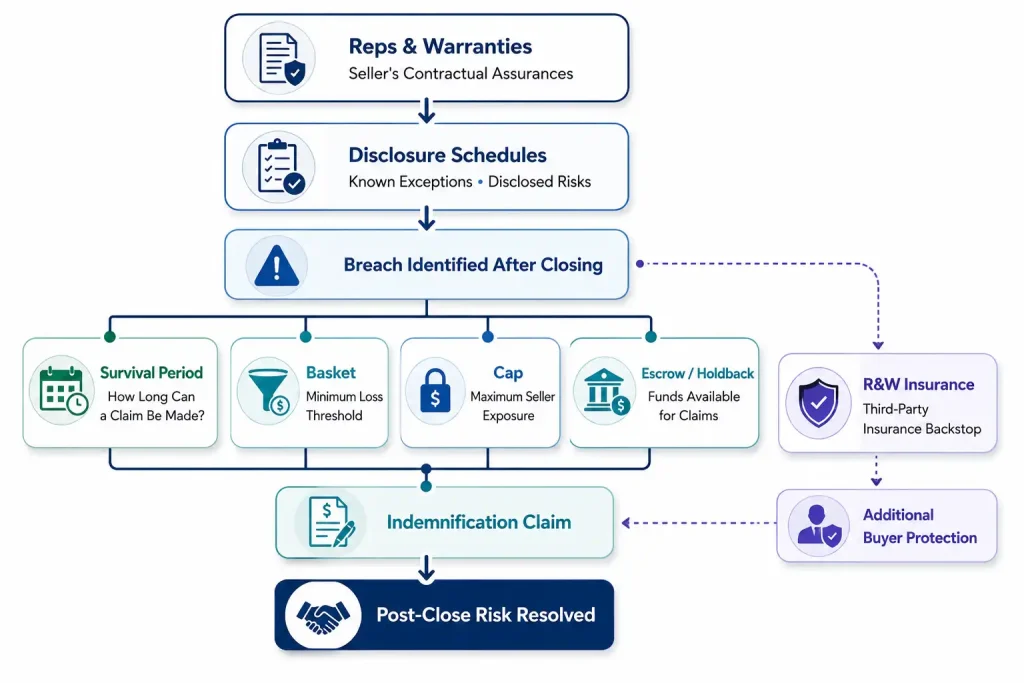 Diagram showing how reps and warranties in M&A lead to indemnification claims through survival period, basket, cap, escrow, and R&W insurance