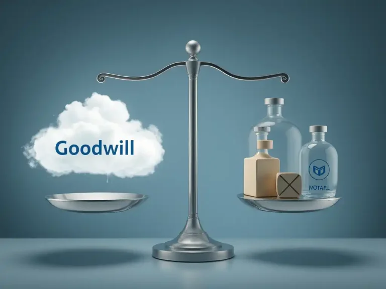 `Balance scale weighing intangible goodwill cloud against tangible branded assets, illustrating purchase price allocation in acquisition accounting`