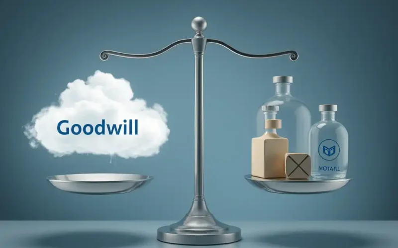 `Balance scale weighing intangible goodwill cloud against tangible branded assets, illustrating purchase price allocation in acquisition accounting`