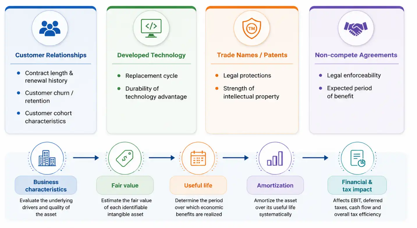 Identifiable intangible assets valuation process showing customer relationships, developed technology, trade names, and non-compete agreements through fair value and amortization steps