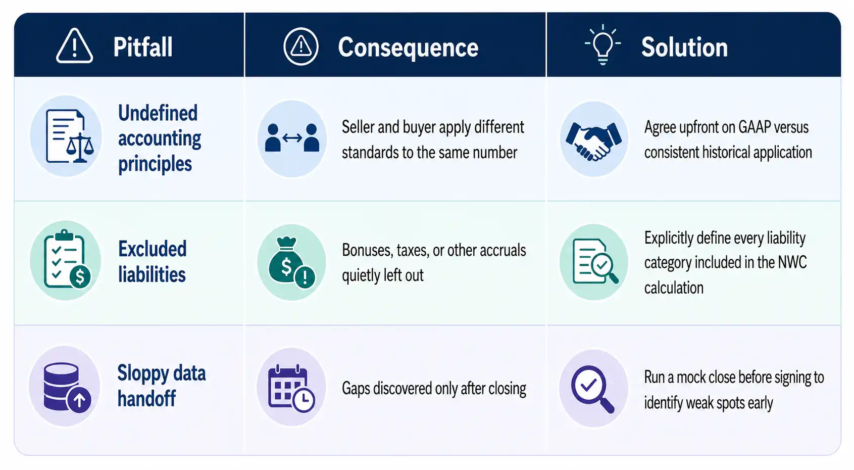 Table of common net working capital adjustment pitfalls in M&A, including undefined accounting principles, excluded liabilities, and sloppy data handoff, with solutions
