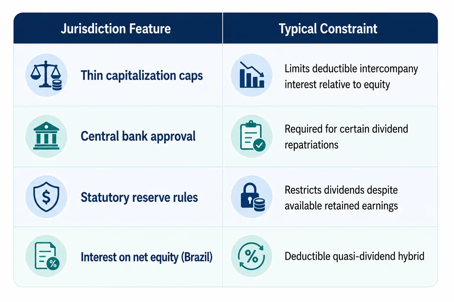 Table comparing jurisdiction features like thin capitalization caps, central bank approval, and statutory reserve rules that restrict dividend repatriation