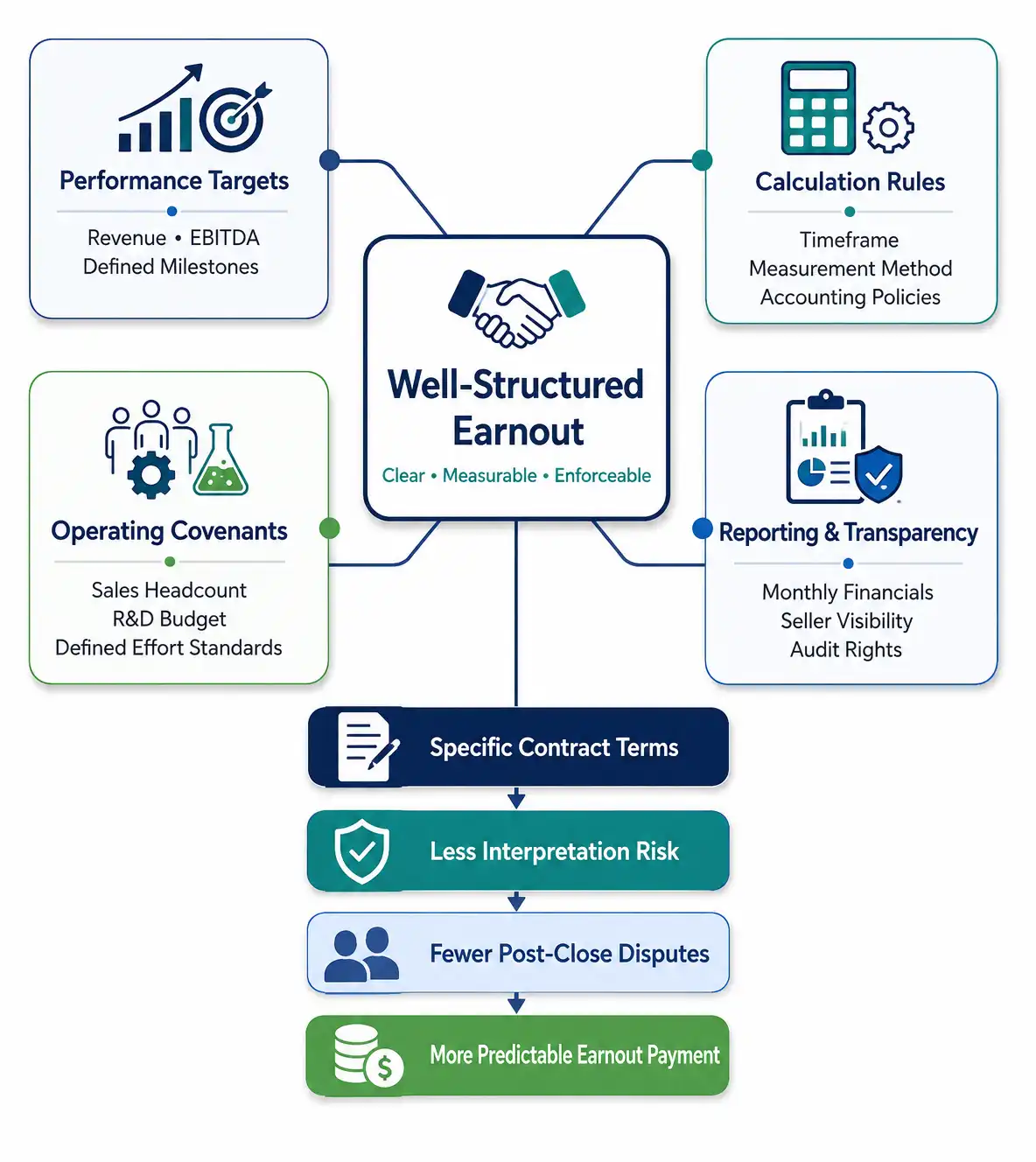 Infographic showing earnout structuring elements: performance targets, calculation rules, operating covenants, and reporting rights that reduce post-close disputes