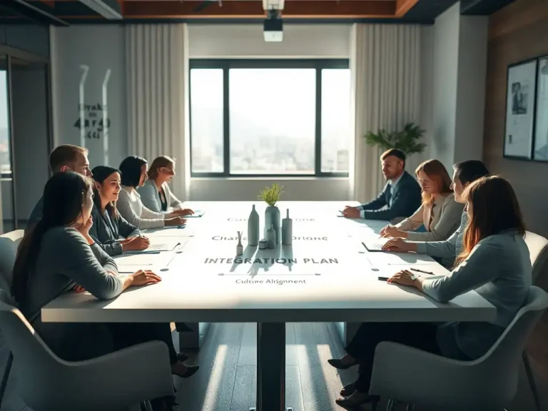 Cross-functional leadership team discussing an M&A integration plan and culture alignment around a conference table