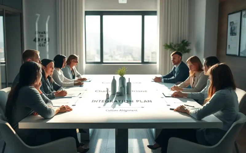 Cross-functional leadership team discussing an M&A integration plan and culture alignment around a conference table