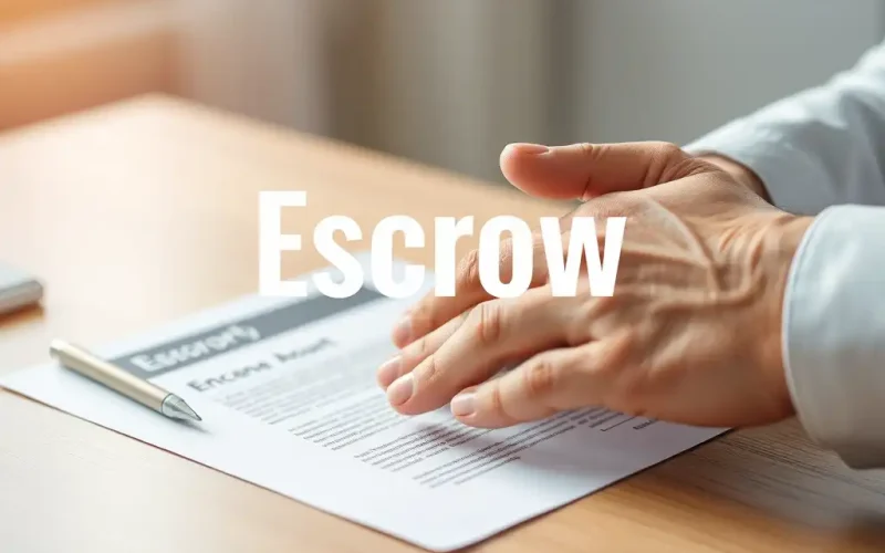 Businessman reviewing and signing an escrow agreement document at his desk