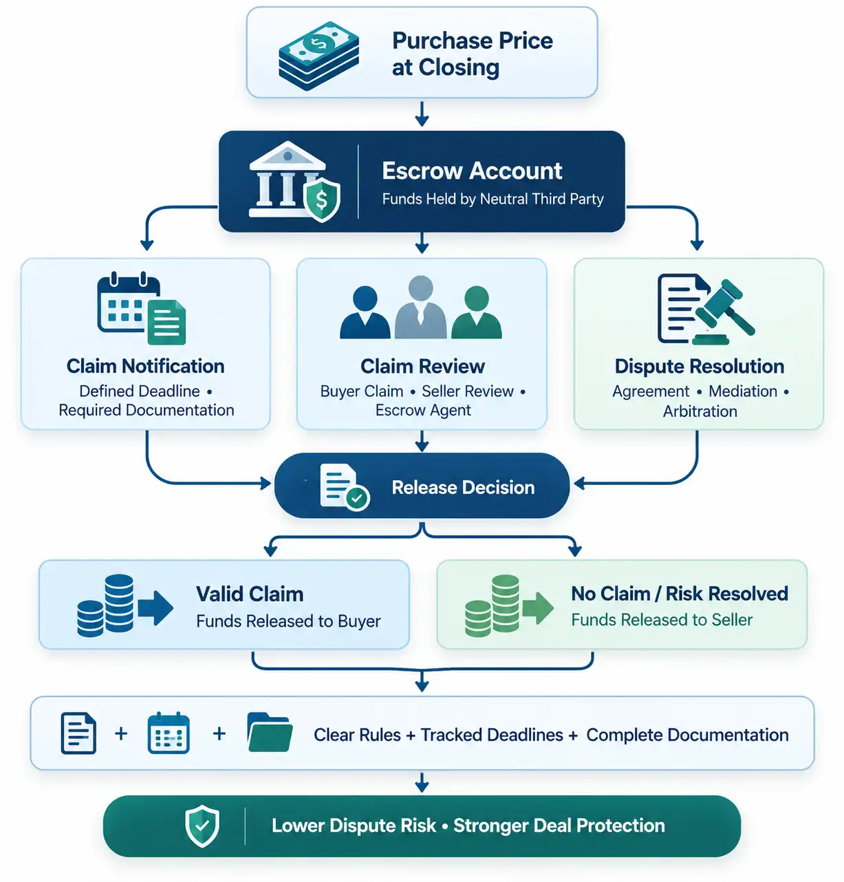 Escrow process flowchart showing purchase price at closing, escrow account, claim notification, claim review, dispute resolution, and fund release to buyer or seller