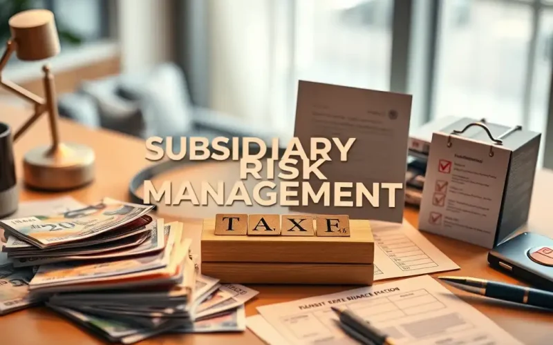 Subsidiary risk management concept with tax and finance documents on an office desk
