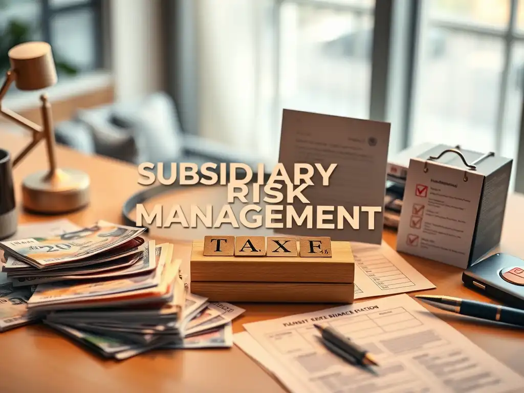 Subsidiary risk management concept with tax and finance documents on an office desk