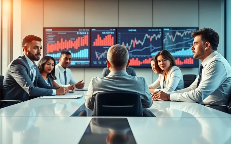 CFO and deal team reviewing financial data and market charts in a boardroom during cross-border M&A due diligence and regulatory review planning.