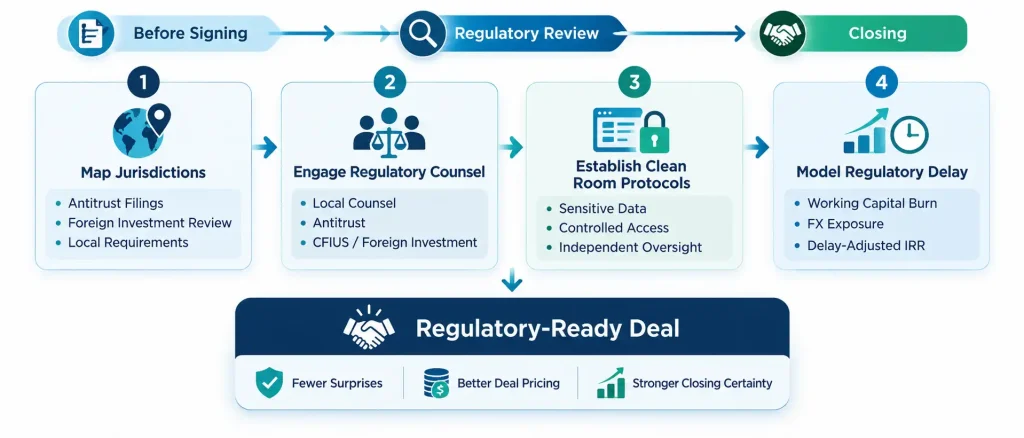 Infographic showing the antitrust review and foreign investment review process from signing to closing: map jurisdictions, engage regulatory counsel, establish clean room protocols, and model regulatory delay for a regulatory-ready deal.