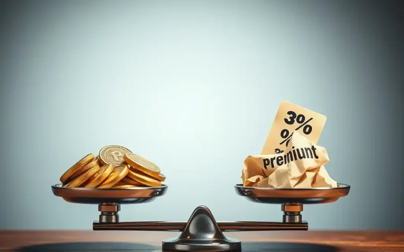 Balance scale weighing gold coins against a premium note representing a control premium in a valuation
