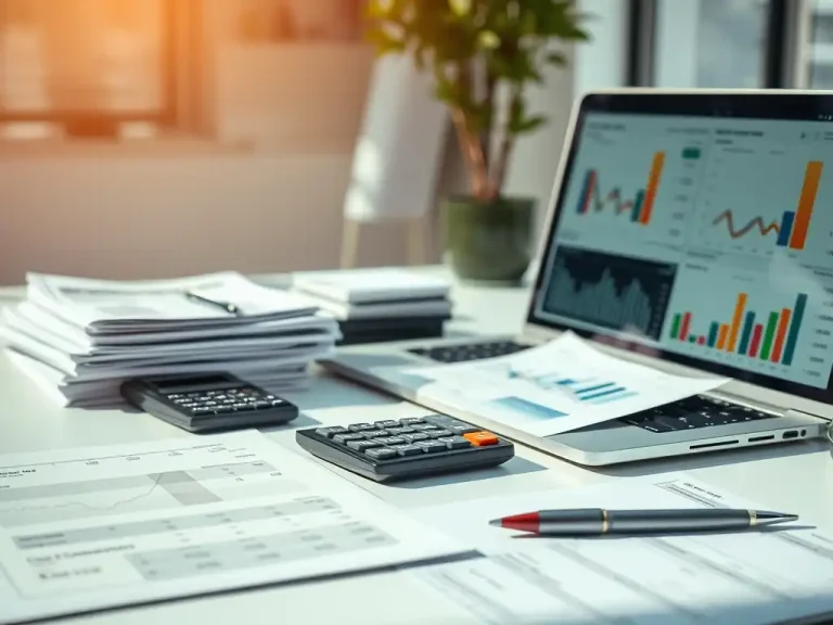 CFO reviewing financial charts and deal structuring documents on a laptop during M&A due diligence