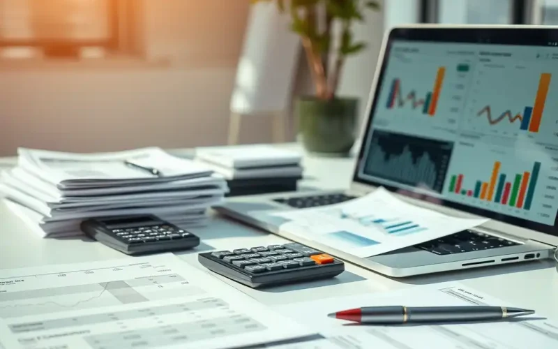 CFO reviewing financial charts and deal structuring documents on a laptop during M&A due diligence