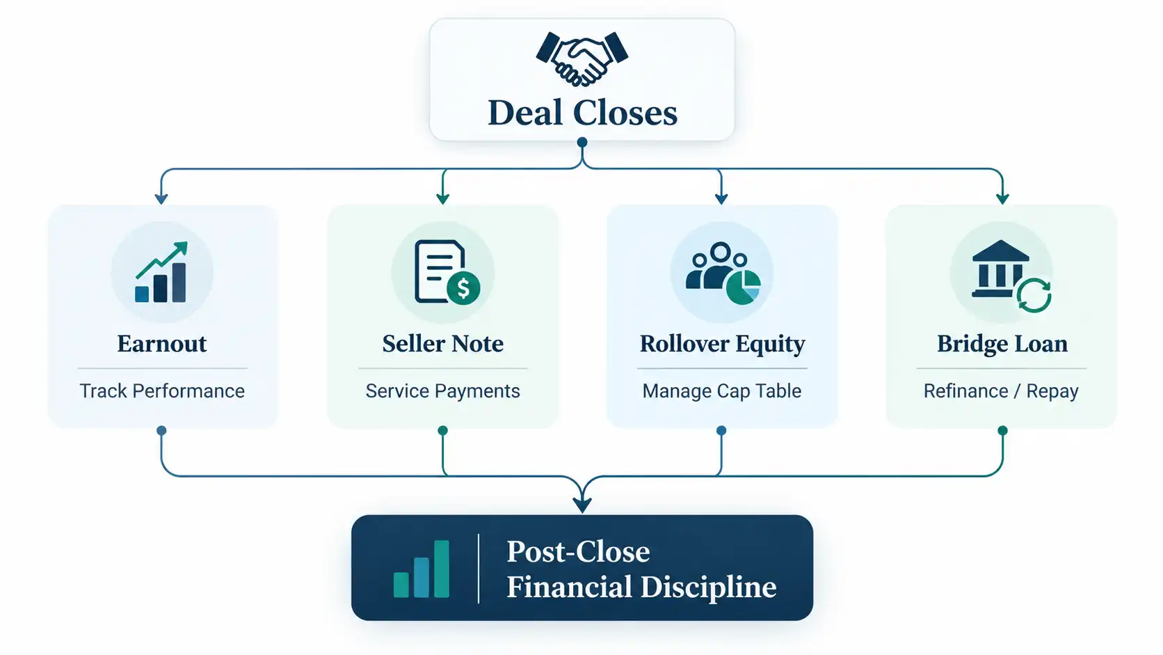 Diagram showing how earnouts, seller notes, rollover equity, and bridge loans flow into post-close financial discipline after an M&A deal closes