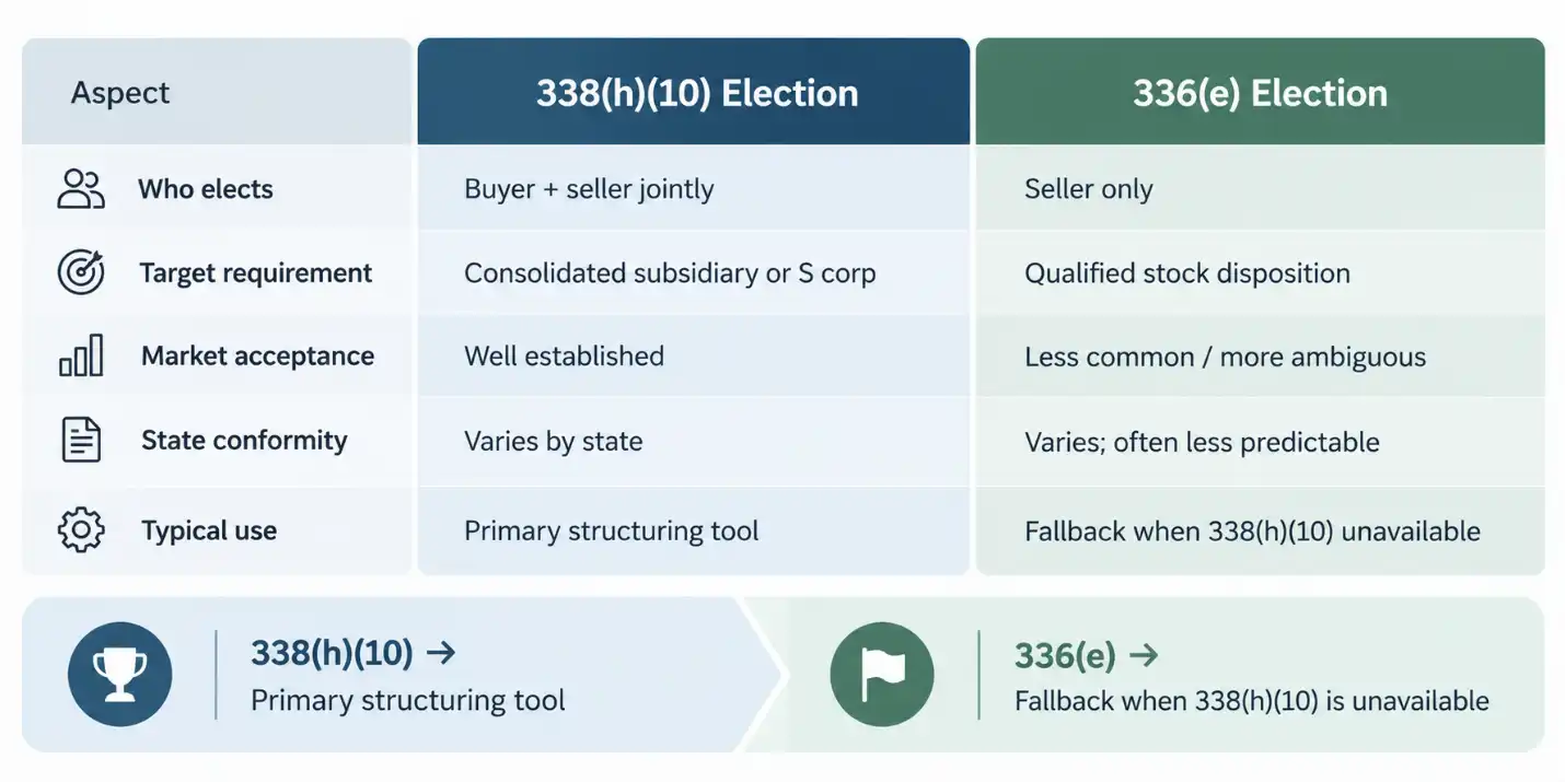 Comparison table of Section 338(h)(10) election versus Section 336(e) election, covering who elects, target requirements, market acceptance, state conformity, and typical use cases