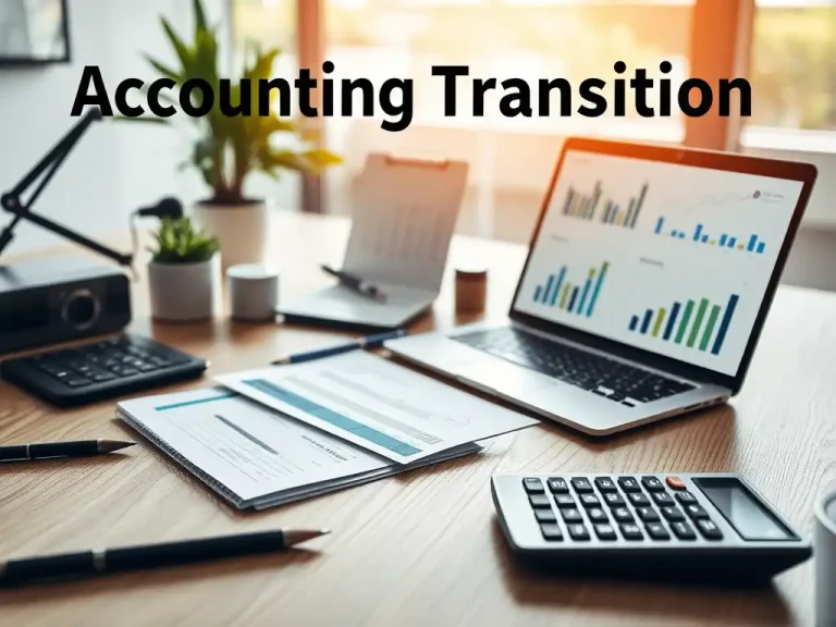 Accounting transition after an acquisition, with financial reports, charts, and a calculator on a desk representing post-deal purchase price allocation