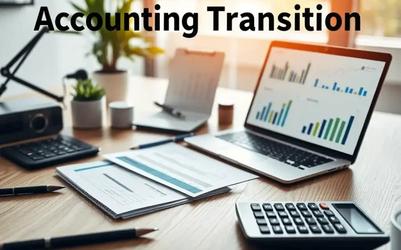 Accounting transition after an acquisition, with financial reports, charts, and a calculator on a desk representing post-deal purchase price allocation