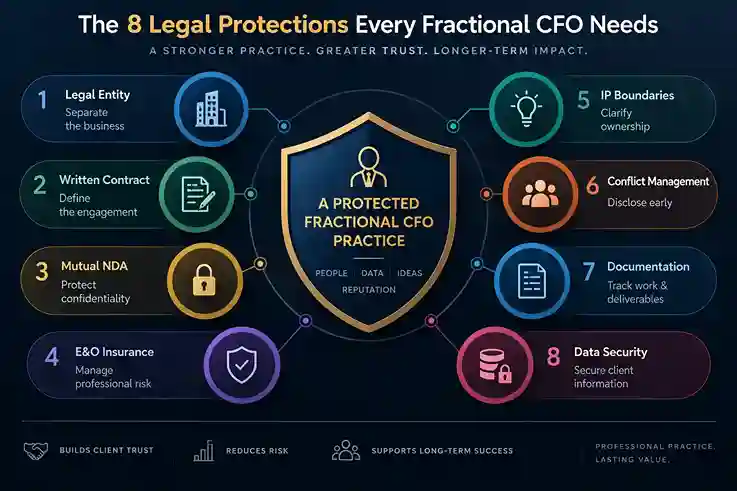 Eight legal protections for fractional CFOs including contracts, NDAs, professional liability insurance, IP ownership, conflict management, documentation, and data security.