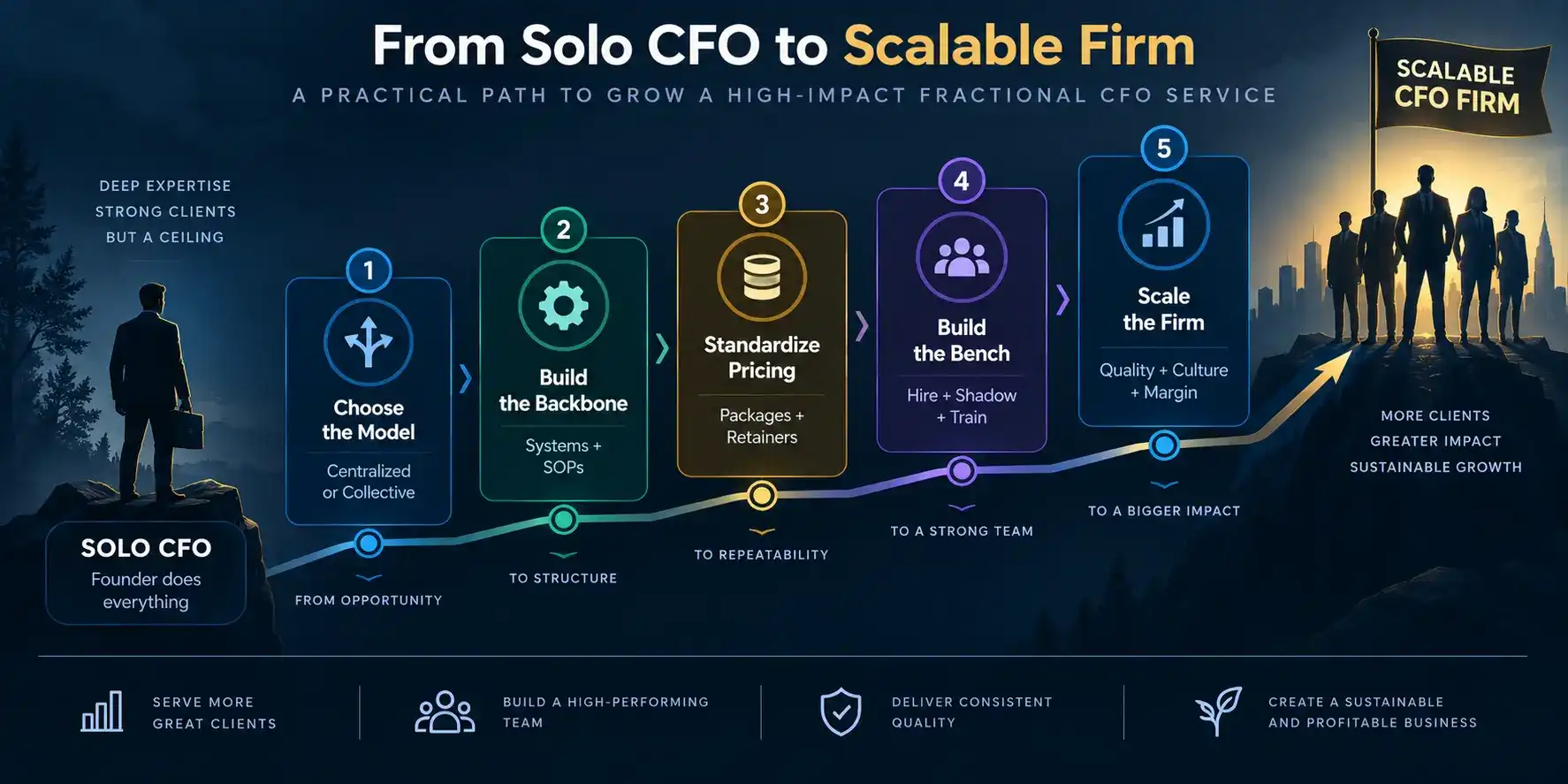 Fractional CFO service scaling roadmap from a solo practice through firm structure, operating systems, standardized pricing, team building, and a scalable CFO firm.