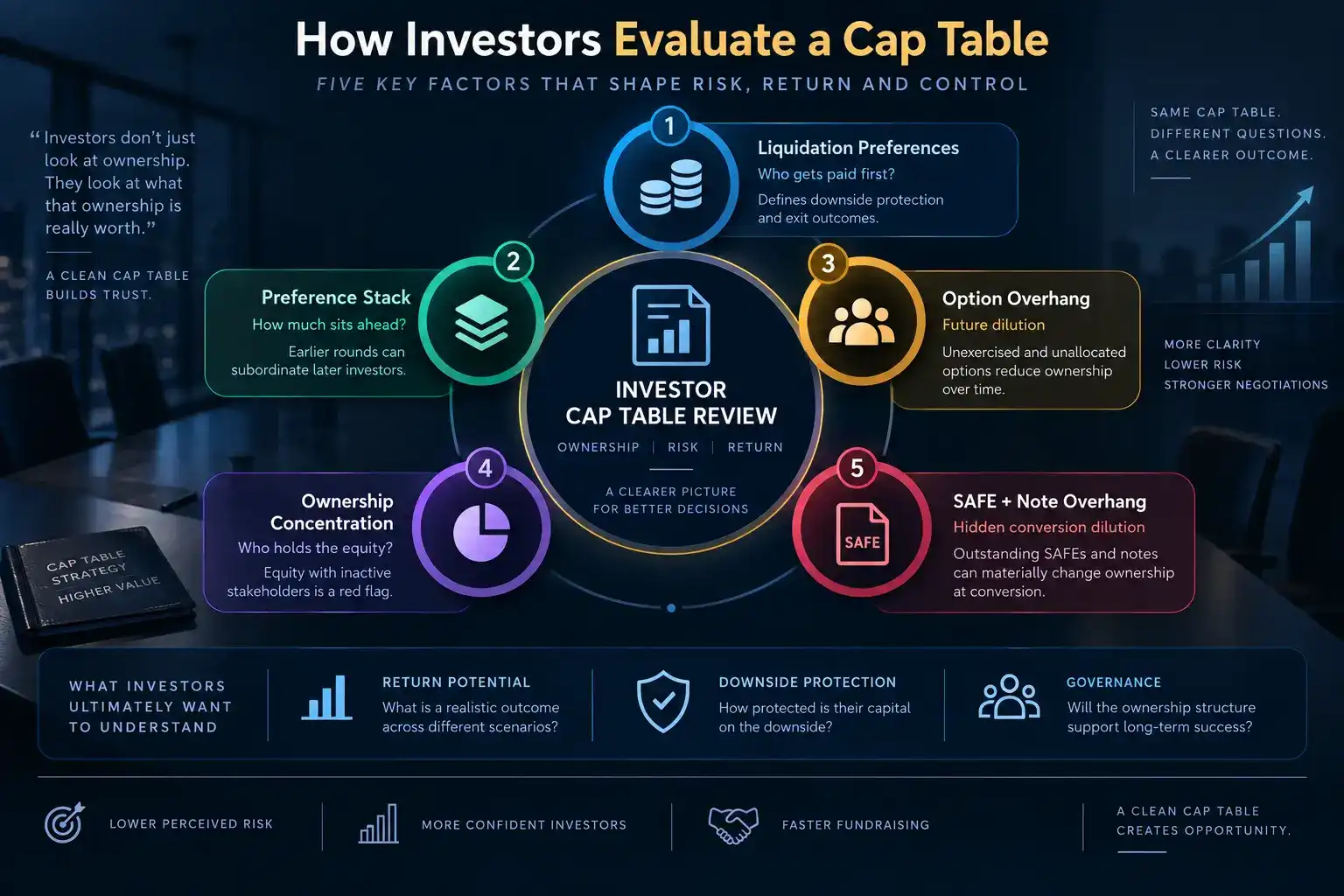 Investor cap table analysis framework covering liquidation preferences, preference stack, option overhang, ownership concentration, and SAFE and convertible note dilution.