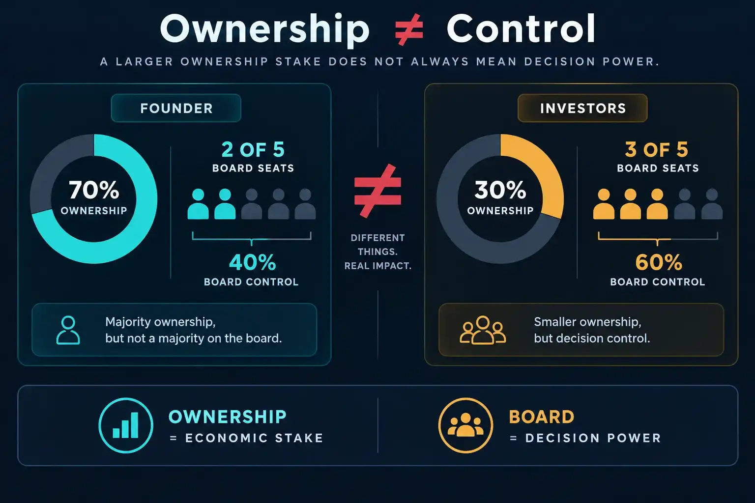 Board control vs cap table control showing how a founder with 70% ownership can still have only 40% of board seats.