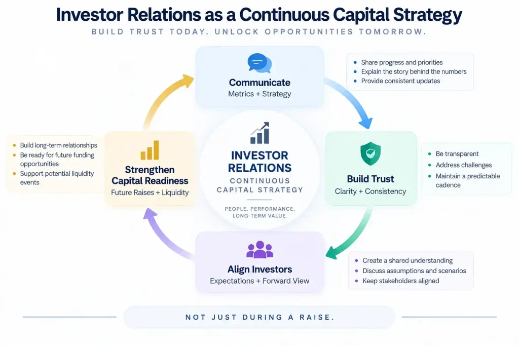 Investor relations as a continuous capital strategy connecting communication, investor trust, stakeholder alignment, and capital readiness.