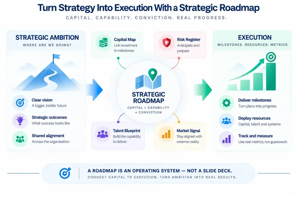 Strategic roadmapping process connecting business ambition, capital, capability, milestones, resources, and performance metrics to execution.