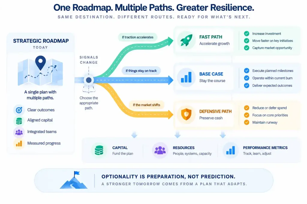 Strategic roadmap with fast path, base case, and defensive path scenarios based on traction, capacity, burn, and changing market conditions.