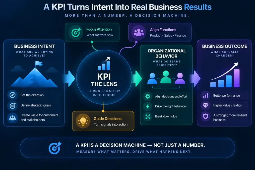 KPI in business as a decision-making lens connecting strategic intent, organizational behavior, cross-functional alignment, and business outcomes.