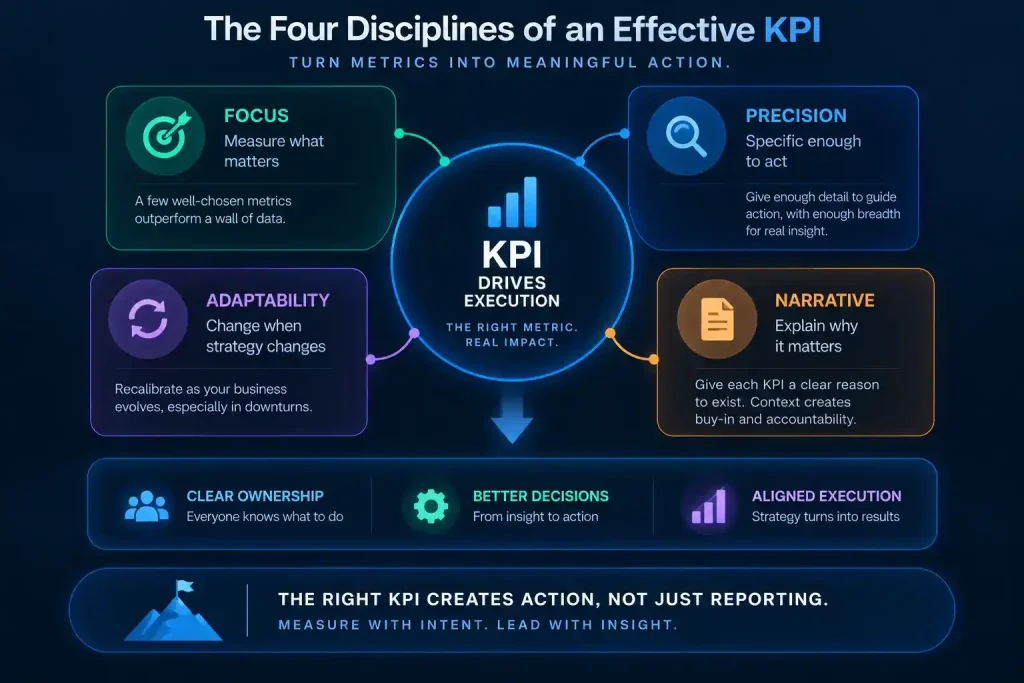 Effective KPI framework showing focus, precision, adaptability, and narrative as the four disciplines that turn business metrics into execution.