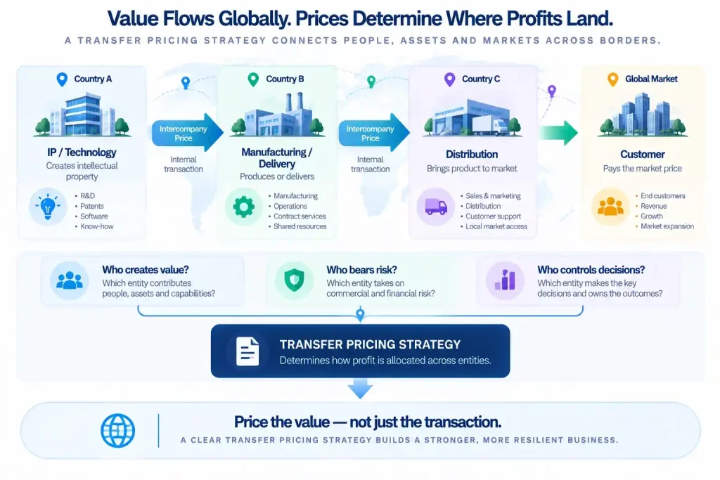 Transfer pricing strategy showing how intellectual property, manufacturing, distribution, risk, and profit are priced across international business entities.